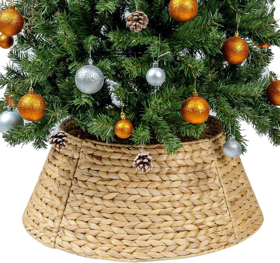 CubesLand Christmas Tree Collar for 7.5ft Trees,Christmas Tree Skirt 22.8In,Holiday Rattan Tree Skirt,Handcrafted Woven Hyacinth Christmas Tree Base Cover,Rustic Tree Skirt for Artificial Trees