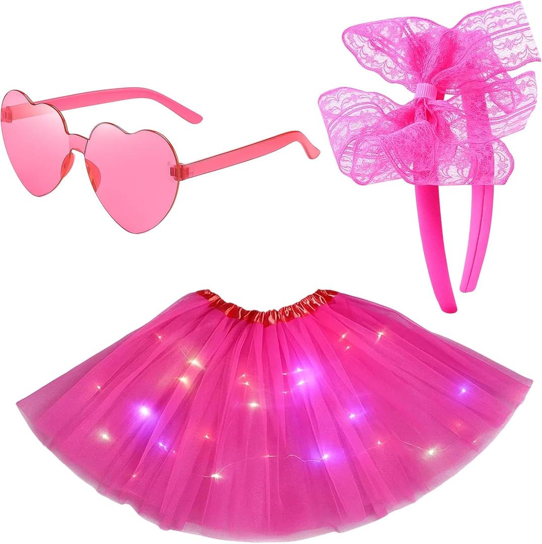 Light-Up Tutu Women, Neon Pink Tutu Skirt, Glow in The Dark Tutu Outfit for Women Adults, Dance Performances, Themed Parties, Pink 3pcs Tutu Skirt Set with Hair Accessories and Glasses