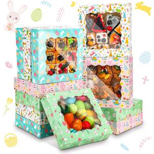 Skyygemm 12 Pcs Easter Treat Boxes with Window Bunny Egg Cookie Boxes Easter Cardboard Donut Box Easter Party Paper Container for Cake Bakery Cupcake Pastry Strawberries Favor (10 x 10 x 2.5 Inch)