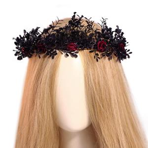 MOSTORY Gothic Black Flower Crown - Woodland Fairy Headpiece Dark Forest Circlet Elf Leaf Tiara for Women Witch Goth Wedding Renaissance Halloween Renfaire Cosplay