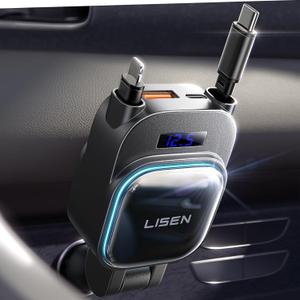 LISEN 96W USB C Retractable Car Charger Fast Charging for iPhone Samsung Galaxy Z Fold 7, 4 in 1 Fast Charging Retractable Car Charger with Voltage Detection & Ambient Lighting, for Cars Trucks