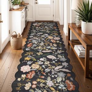 3x10 ft Long Hallway Runner Rug Non-Slip Washable Kitchen Floor Mat with Rubber Backing, Boho Vintage Floral Soft Low-Pile Thin Wide Carpet for Bedroom, Entryway Indoor (Black,3x10)