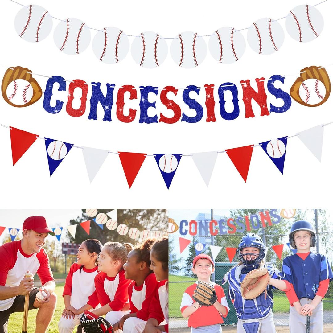 3 Pieces Baseball Garland Baseball Banner Glitter Concessions Banner Ball Triangle Bunting Pennant Flag Sports Themed Game Day Decorations for Party Favors Home Run Birthday Party Supplies