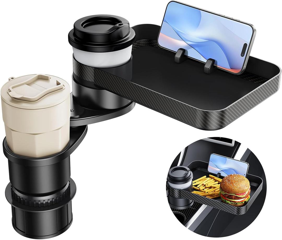 Car Cup Holder (2.9 inches in Diameter) Tray Table, Swivel Car Food Tray for Passenger Seat for Eating, Cup Holder Expander with Phone Holder, Drink Holder for Car, Road Trip Essentials