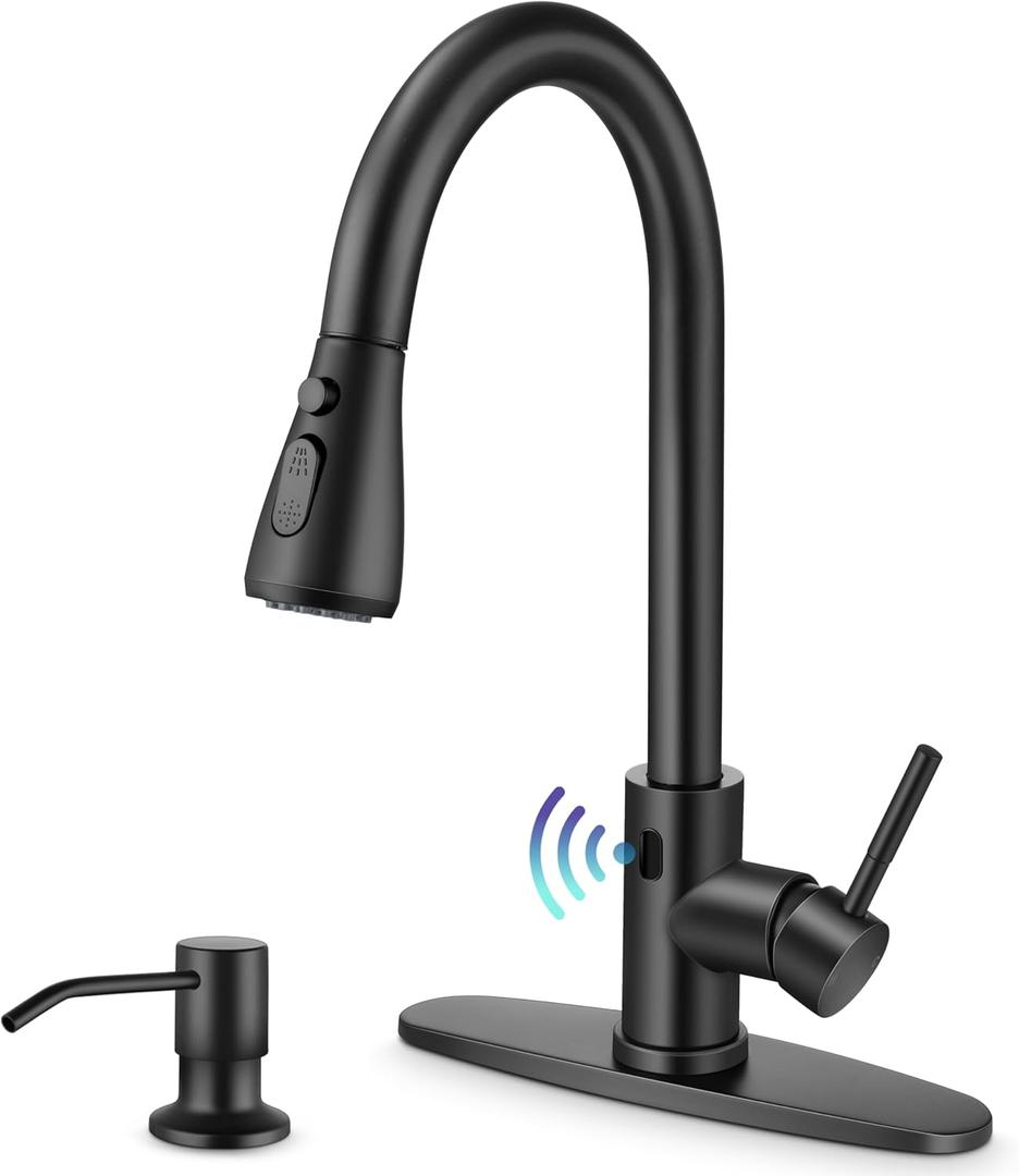 Touchless Kitchen Sink Faucet with Pull Down Sprayer, Herogo Matte Black Stainless Steel Motion Sensor Faucet with Soap Dispenser, Single Handle Smart Activated Kitchen Tap for Farmhouse RV Sink