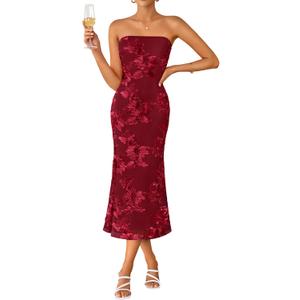 ZESICA Women's Summer Strapless Floral Midi Dress 2026 Bodycon Mesh Tube Wedding Guest Cocktail Party Formal Dresses (Large, Red)