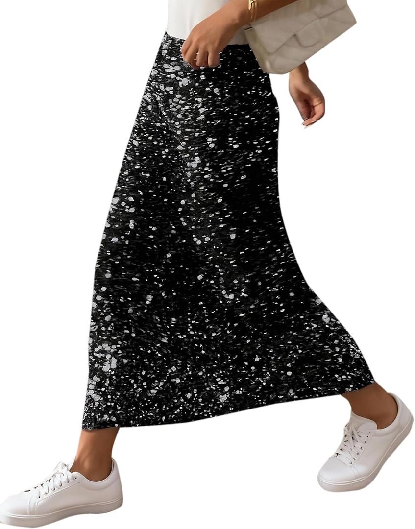 SOFIA'S CHOICE Women Sequin Skirts High Waisted Sparkly Midi Skirt Club Night Out (Black, M)