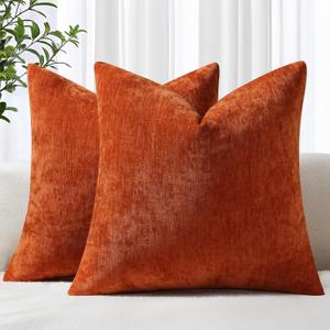 decorUhome Chenille Rust Fall Throw Pillow Covers 22x22 Inch Set of 2, Decorative Soft Couch Pillow Covers Solid Dyed Accent Farmhouse Neutral Square Pillow Cases for Sofa Bed Living Room