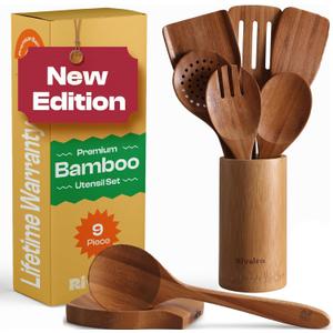 Riveira Natural Bamboo Wooden Cooking Utensils Set of 9 Premium Quality Non-Toxic Wooden Spoons and Spatulas for Cooking