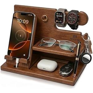 TESLYAR Wood Phone Docking Station for Men - Desk or Nightstand Organizer - Birthday Gifts for Husband or Dad - Anniversary Idea from Wife - Key Holder, Stand Wallet, Watch & Essentials (Earth Beige)