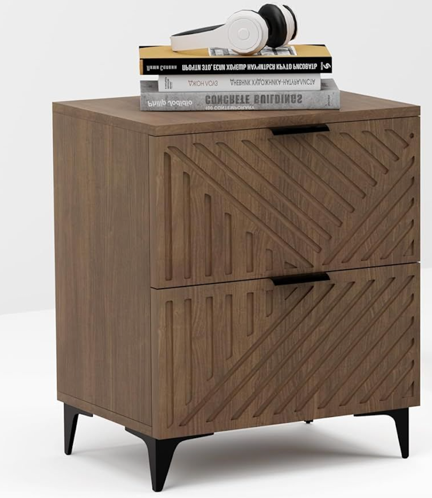 Chilihom Nightstand with 2 Drawers Night Stand with Fluted Panel, Modern Bedside Table for Bedroom, Wood End Table Side Table Small Storage Cabinet, Brown