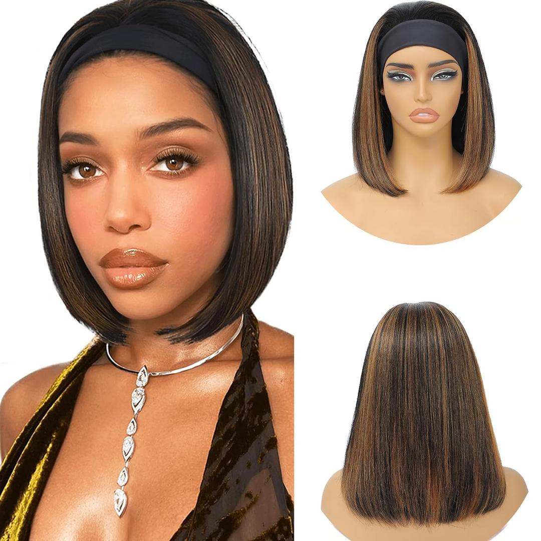 Highlight Brown Headband Wigs for Black Women Short Straight Headband Wig Human Hair Easy Put On and Go Glueless Wigs 180% Density No Lace Wigs with Headband(1B/30,8 Inch)