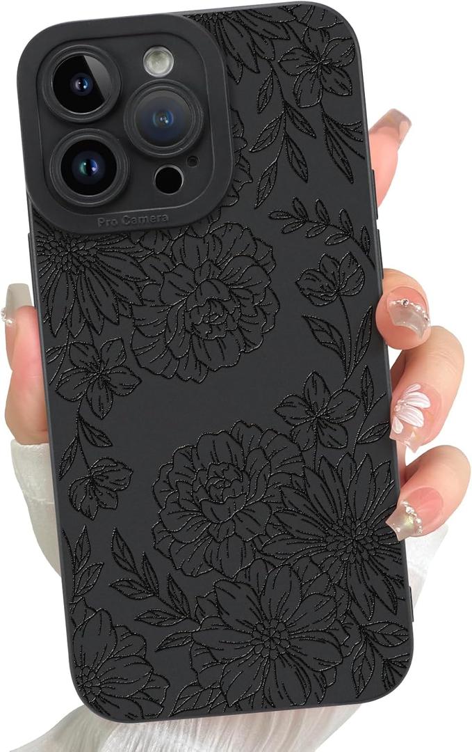 for iPhone 14 Pro Max Case Line Peony Rose Floral Pattern Black | Cute Print Phone case with Full Camera Protection Slim Soft TPU Bumper for Women Girls Case