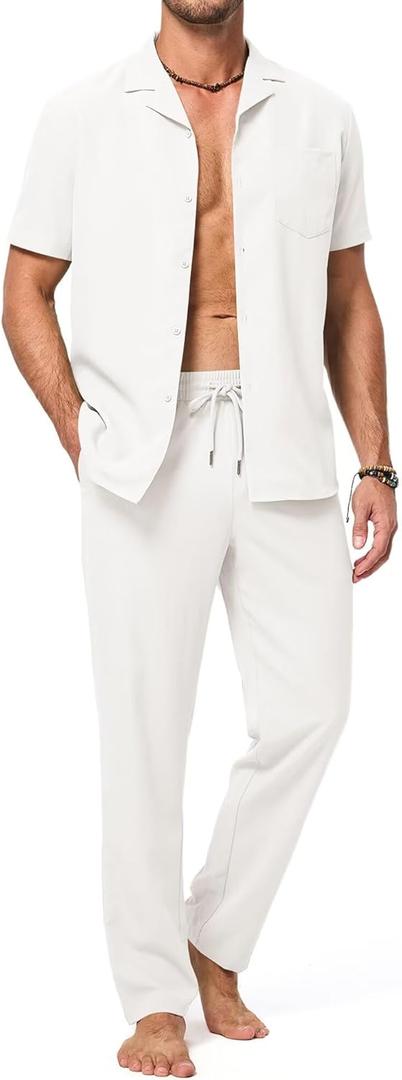 Men's Beach Outfit 2 Piece Casual Button Down Shirt Short Sleeve Loose Shirts and Pants Vacation Sets for Men (3X-Large, White)