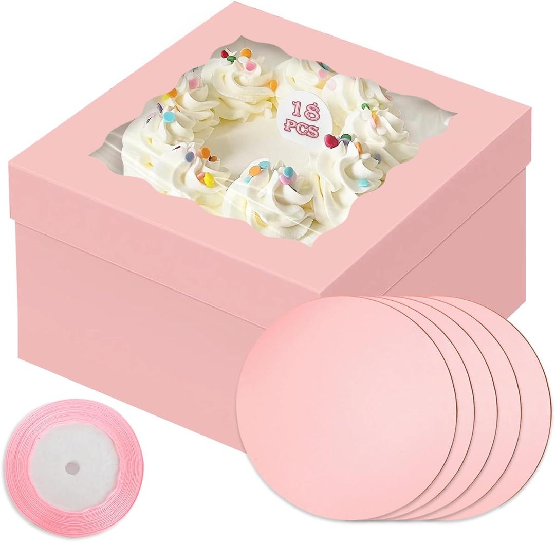 qiqee Pink 10x10x8 Cake Box, 18 Sets Cake Box with Window 18 Sets 10" Cake Round Boards, 10inch Cake Containers, 10 Meters Pink Silk Ribbon Includes