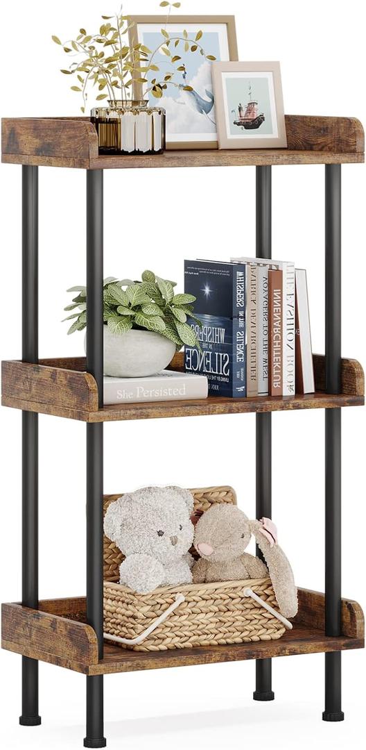 Hosfais Bookshelf Small Book Shelf, 3 Tier Wood Bookcase Industrial Bookshelf Metal Standing Book Shelves Display Book Rack for Living Room Bedroom Home Office (Rustic Brown)