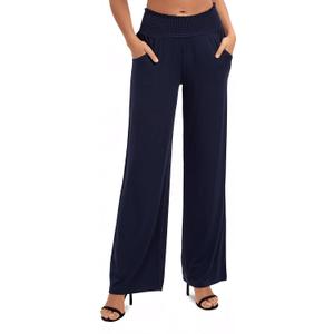 Urban CoCo Womens High Waist Flowy Palazzo Pants Elastic Waist Wide Leg Stretchy Straight Leg Dressy Casual Lounge Trousers (Navy Blue, S)