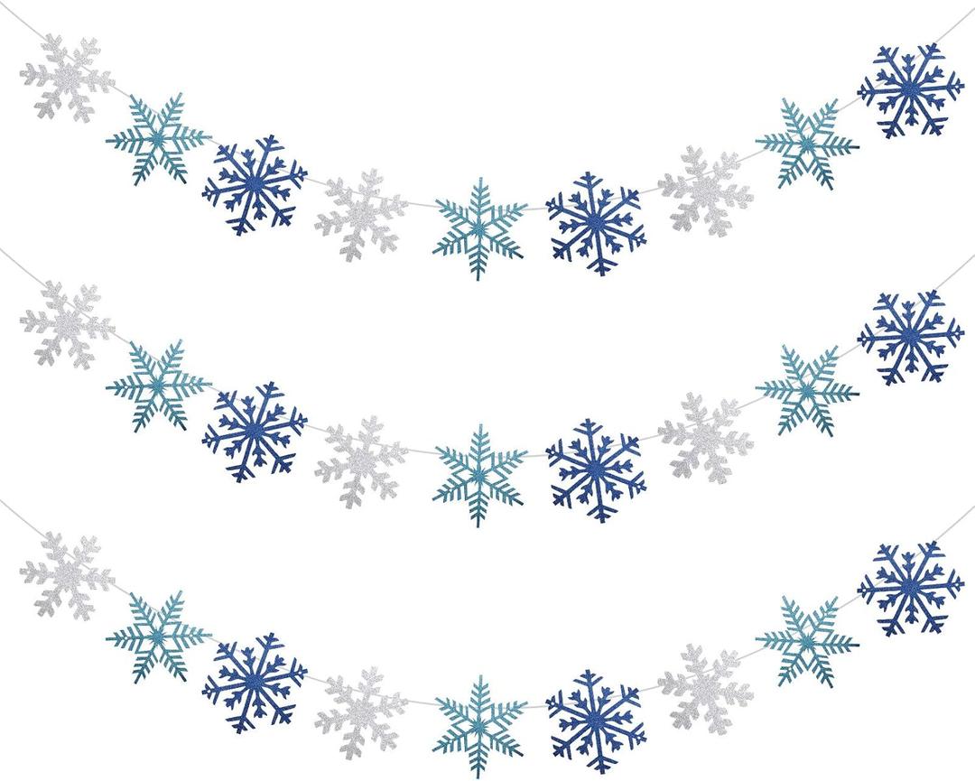 Zonon 3 Pieces Snowflake String Garland Winter Party Decoration White Blue and Light Blue Snowflake Banner Hang Decoration for Christmas Holiday Party, Winter Carnival Snow Themed Gatherings