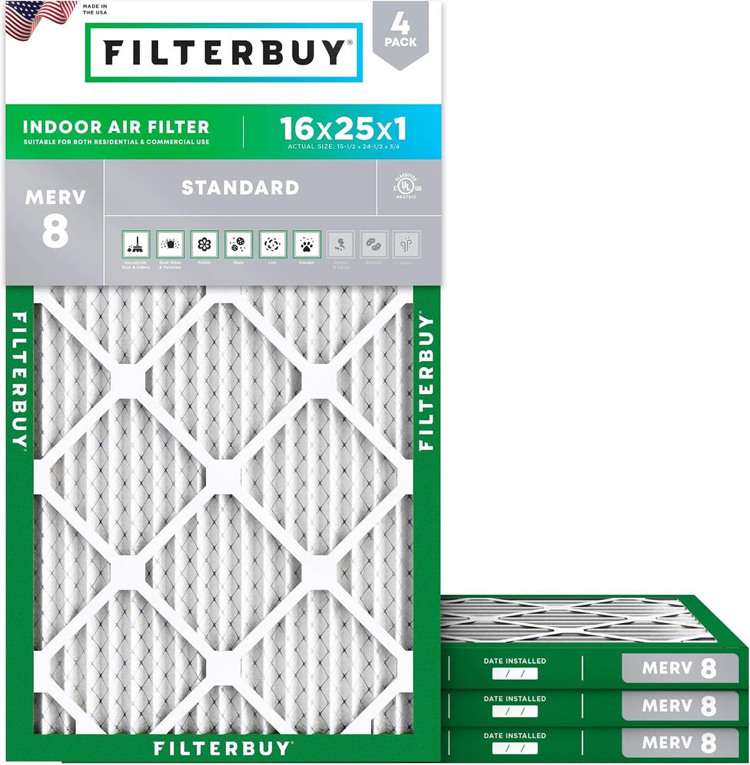 Filterbuy 16x25x1 Air Filter MERV 8 Essential Dust & Allergy Defense (4-Pack), Electrostatic Pleated HVAC AC Furnace Filters Replacement (Actual Size: 15.50 x 24.50 x 0.75)