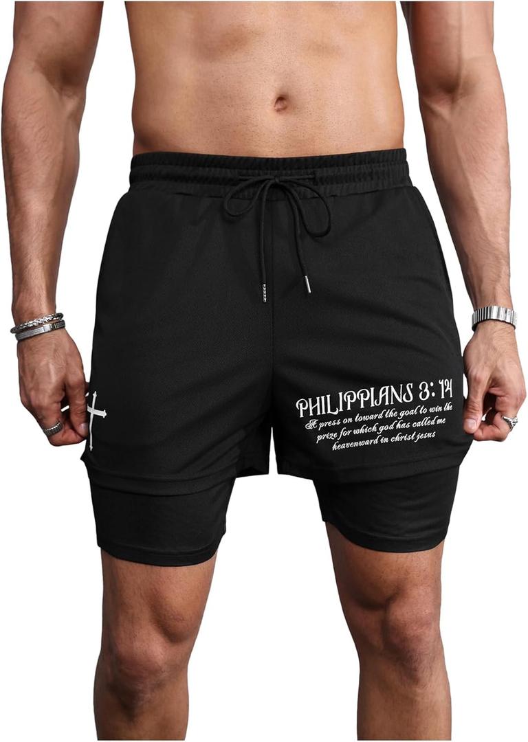 Floerns Men's 2 in 1 Running Shorts Cross Print Athletic Gym Workout Shorts with Compression Liner (Black, XL)