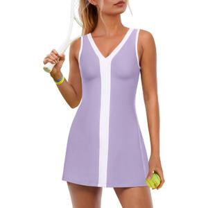 ReachMe Womens Tennis Dresses with Shorts Golf Outfits Athletic Dresses Active Workout Dress Activewear (Large, Purple)