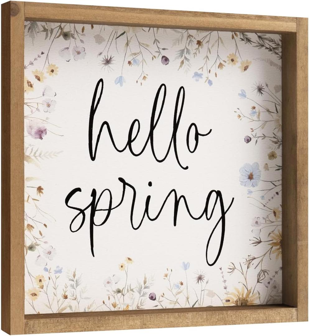 11.8" Hello Spring Sign, Wooden Spring Wildflower Wall Art Table Top Shelf Desk Mantel House Decor Indoor, Wood March Seasonal Bathroom Kitchen Room Office Rustic Farmhouse Home Decorations