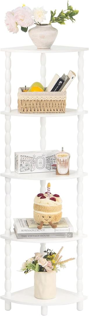 MaxSmeo Corner Bookshelf, 5-Tier Corner Shelf Stand, Modern Corner Plant Shelves with Storage, for Bedroom, Bathroom, Kitchen, Living Room (White)