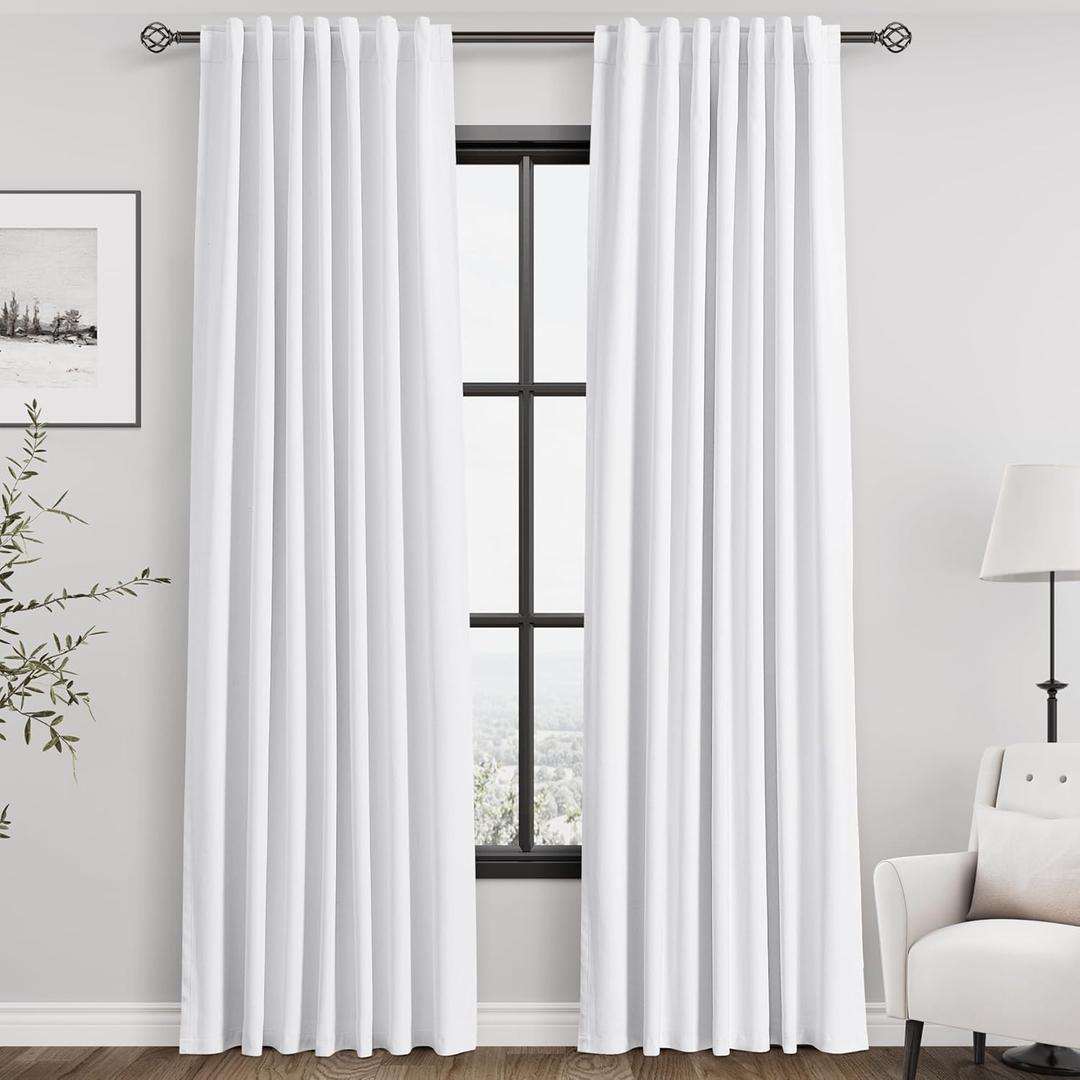 White Linen Blackout Curtains 84 Inches Long 2 Panels for Living Room Back Tab Modern Cotton Textured Pure White Black Out Curtains Heating Blocking Linen Curtain Panels for Bedroom Nursery Kids