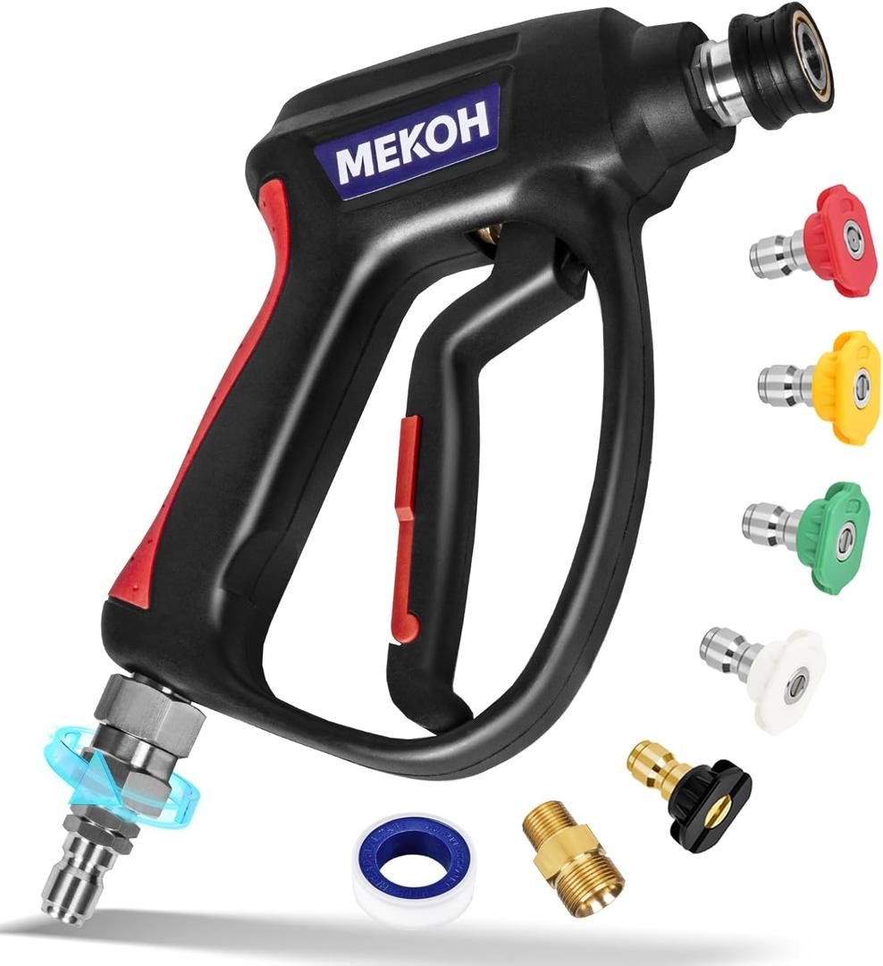 MEKOH Short Pressure Washer Gun with Swivel, 5000 PSI High Power Washer Spray Gun, 10 GPM Foam Gun with 3/8" Quick Connect, M22-14mm for Extension Wand, Hose, Pressure Washer Handle with 5 Nozzle Tips