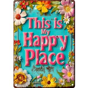 FWBOYSV Vintage Tin HAPPY PLACE Sign Retro Metal Sign,Suitable for home, street, shop, garage, bar, farm, garden - multi-purpose metal sign for indoor/outdoor use Plaque 8x12 Inch