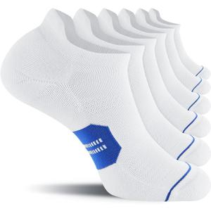 CS CELERSPORT 6 Pack Men's Running Ankle Socks with Cushion, Low Cut Athletic Sport Tab Socks (Medium, White Blue)