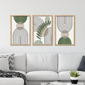 Sage Green Boho Wall Art Decor 16"x11" Set of 3 Minimalist Geometric Line Leaf Sun Moon Artwork Paintings Living Room Office Abstract Botanical Soild Wood Framed Sign Wall Hanging (Wood)