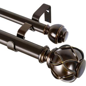 KAMANINA 1 Inch Double Curtain Rods 66 to 120 Inches (5.5-10 Feet) Telescoping Heavy Duty Drapery Rod for Windows 54 to 115, Netted Texture Finials, Antique Bronze