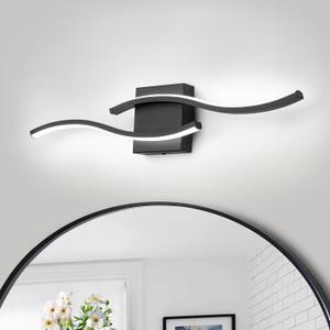 Dimmable LED Bathroom Vanity Light, 24 inch Modern Black Bathroom Lighting Fixtures Over Mirror Aluminum Wall Sconces Light Fixtures for Living Room Bedroom 6000K White Light (Black-Curve Cool)