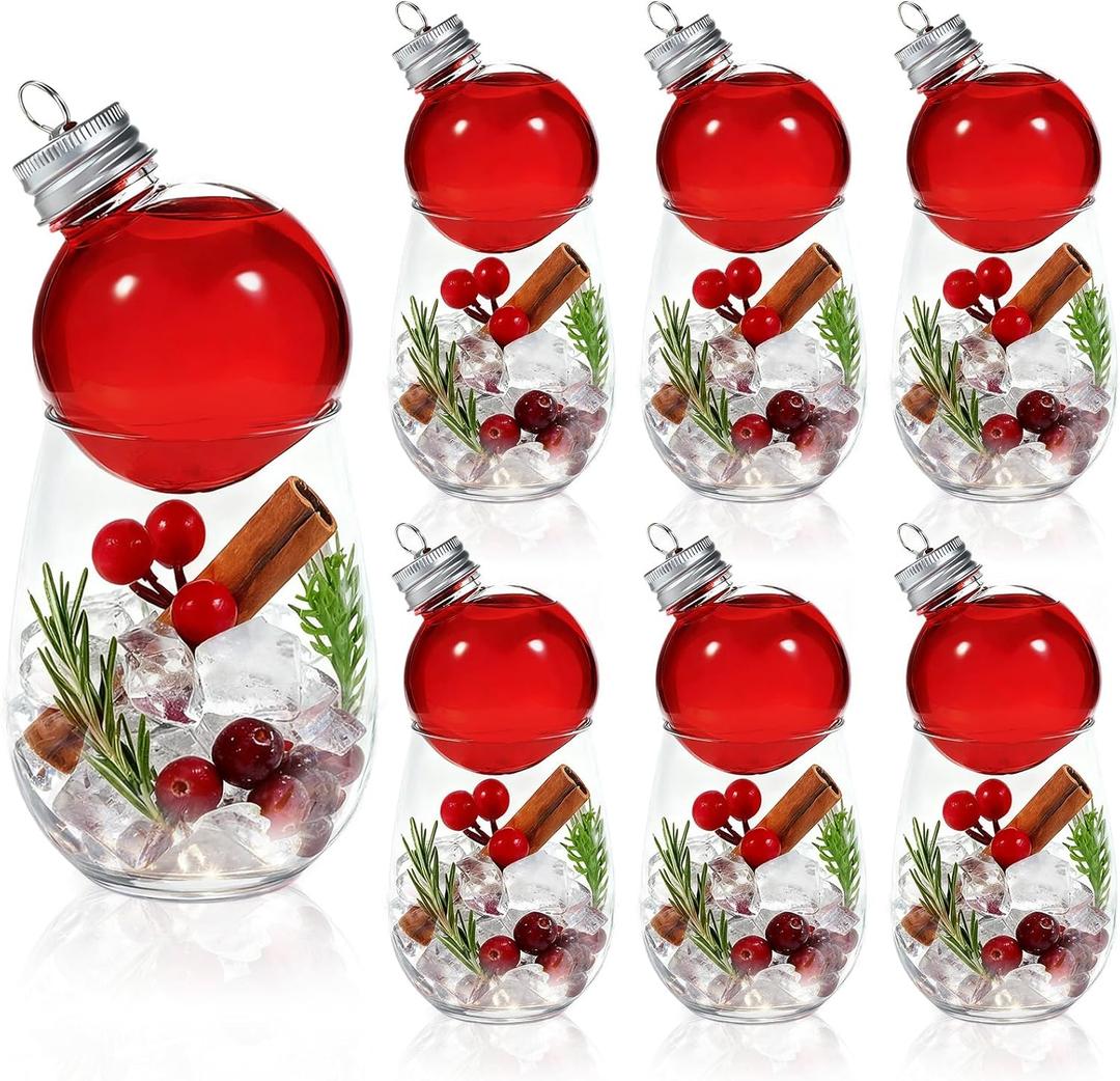 6 Set Christmas Ornament Drink Balls, Christmas Plastic Balls Cups and Stemless Wine Glass Festive DIY Ornament Drink Clear Fillable Ornaments for Xmas Tree Party Drinkware with a Mini Funnel