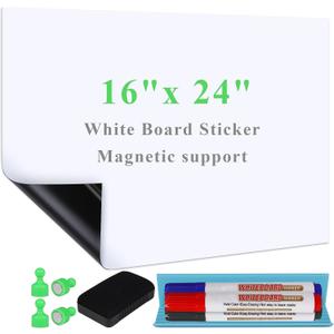 White Board Sticker Adhesive Backing, 16" x 24" Magnetic Dry Erase Board Contact Paper Stick on Wall, Whiteboard Sheet for Teacher Kids Classroom, Include Markers, Eraser with Magnet (24"W x 16"H)