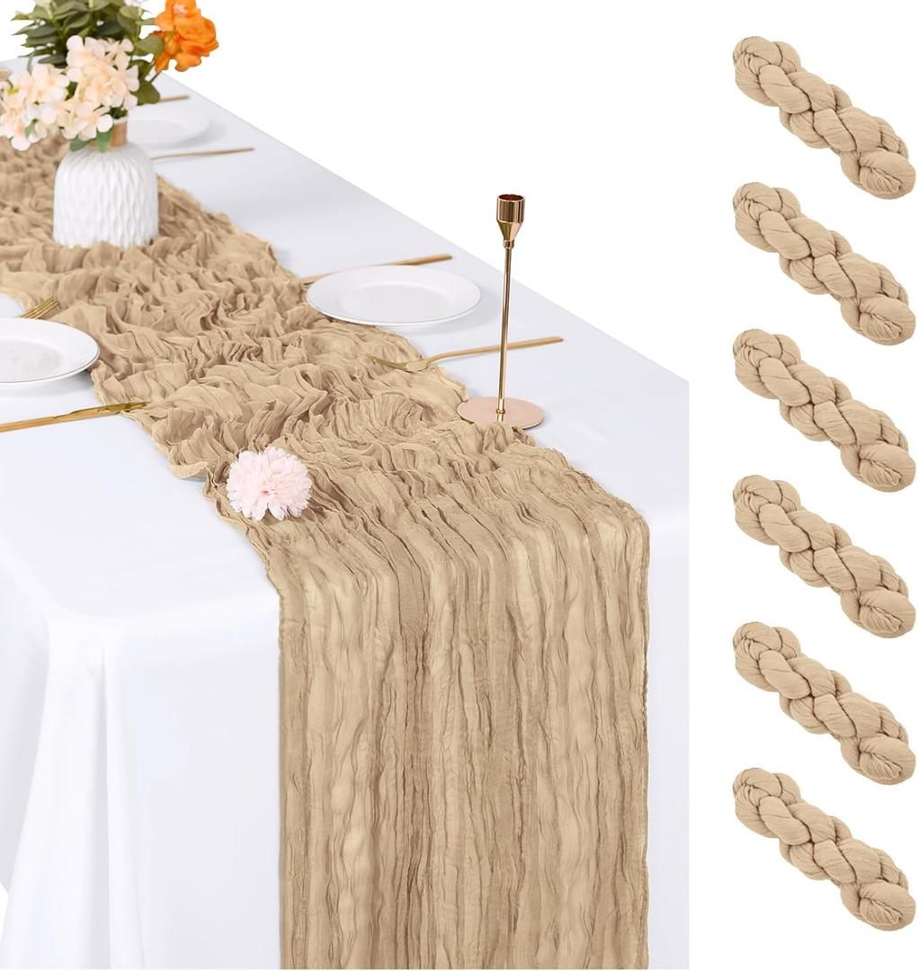 6 Pack Beige Cheesecloth Table Runner, 17 x 108 inch, Semi Sheer Boho Cheese Cloth Fabric Table Runner Bulk for Wedding , Birthday, Party, Holiday, Home Decor (Beige)