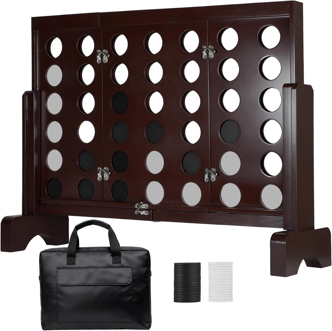 ApudArmis Wooden 4 in a Row Game, Classic Wooden 4-to-Score Game Set with Coins & Carrying Bag-Indoor Outdoor Games for Adults Family