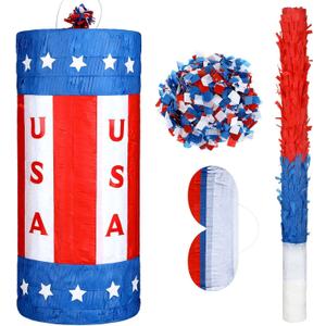 17'' USA Patriotic Firecracker Piata for 250th Anniversary Flag Red White and Blue Birthday Piatas with Stick Blindfold and Confetti for American Adult 4th of July Independence Day Decor