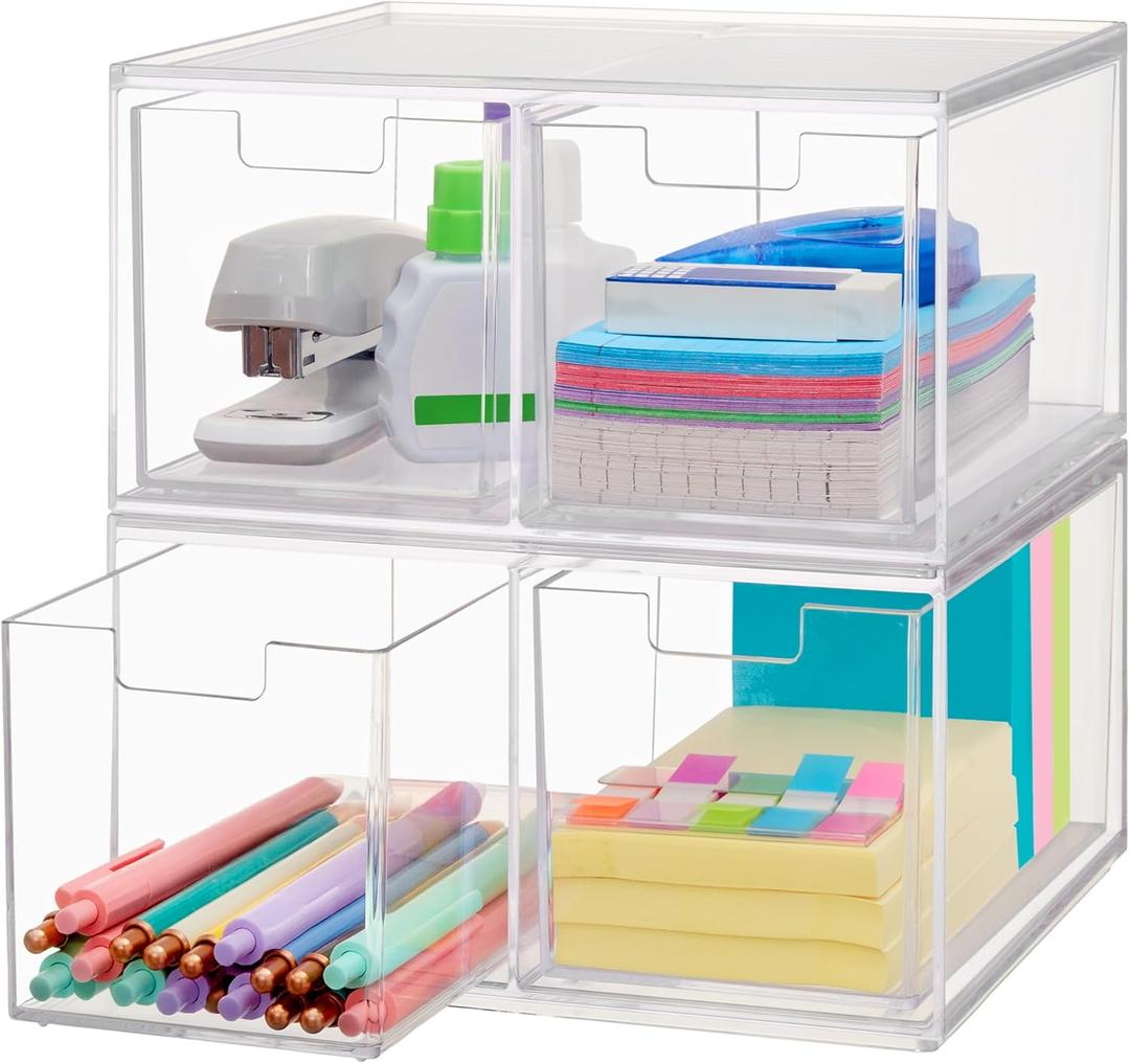STORi Chloe Space-Saving Clear Drawer Organizer (4 Tall Drawers) Sort Office, Kitchen, Beauty Supplies, Makeup, Pens, Jewelry, Stationary, Made in USA
