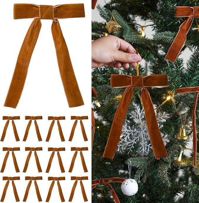 12 Pcs Khaki Velvet Ribbon Bows Christmas Tree Ornaments Vintage Velvet Bows for Tree Garland Wreath Indoor Xmas Decorations (3/8'' Wide, 5 * 7 inch) Color: Khaki