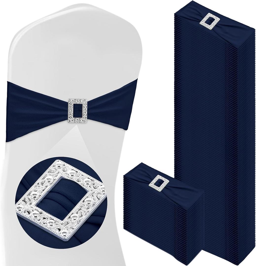 VitalCozy 100 Pcs Spandex Chair Sashes with Square Buckle Slider Stretch Chair Cover Band Universal Elastic Ties Straps Bows for Wedding Banquet Event Party Decoration(Navy Blue)