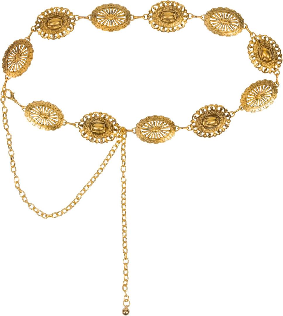 Western Belts for Woman-Cowgirl-Country-Chain-Belt (Length 51.2" (29.5"+extended chain 21.7"), Hollow-gold)