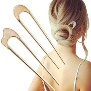 U-Shaped Hair Pins Metal Vintage Hair Sticks French Hair Pin Hairstyle Chignon for Women, 2PCS-Style 1 (C.Gold Color)