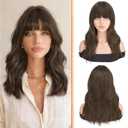 Haloo Brown Wigs with Bangs - 19 Inch Natural Wavy Synthetic Heat Resistant Medium Length Hair Wigs for Women Daily Party, Brown with Highlights