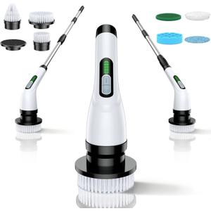 Electric Spin Scrubber - Cordless Bathroom Scrubber with 7 Brush Heads - Dual Speed IPX7 Waterproof Power Scrubber for Heavy-Duty Bathtub, Glass, Tile And Car Cleaning (White)