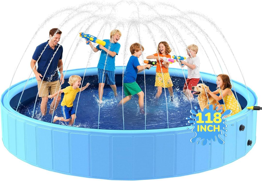 118'' Foldable Dog Pool, Jumbo Sprinkler Pools for Kids, Non-Slip Heavy Duty Dogs Pool for Large Dogs, Hard Plastic Kiddie Bathtubs for Backyard10ft