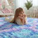 PAGISOFE Fluffy Kawaii Round Rug 4Ft for Girls Bedroom Decor, Purple Rainbow Mermaid Rugs for Kids Playroom, Teen Girl Room, Nursery, Dorm, Cute Furry Pastel Rug, Soft Plush Tent Carpet