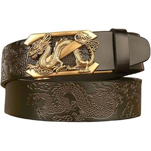 Slide Ratchet Belts Gold Dragon Embossed Automatic Sliding Buckle Adjustable Leather Waist Strap Fashion Belt