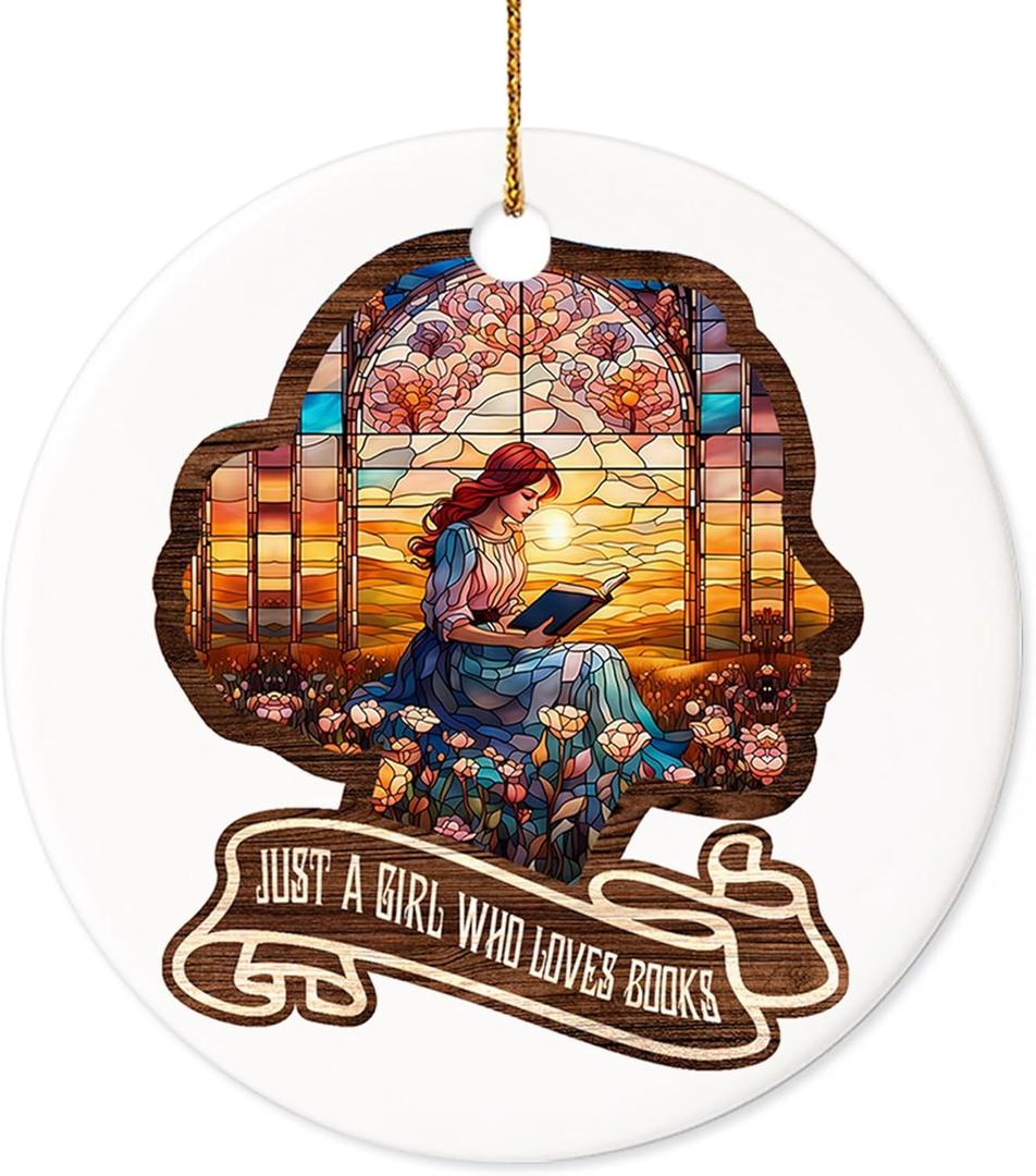 Decorlion Christmas Ornament - Just a Girl Who Loves Books Ceramic Ornament, Book Lovers Ornament, Literary Gift for Bookworms, Readers, and Bibliophiles, Pack Of 4